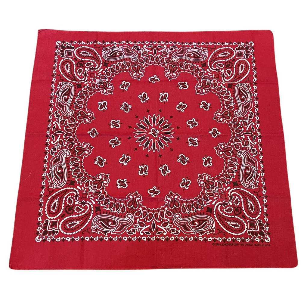 Vintage Cherry Red Paisley Bandana Star Rave‎ Flower Cotton RN15187 Hav Hank USA